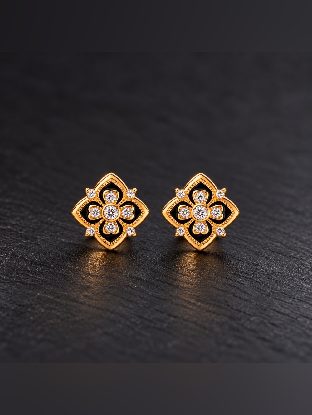 Black Clover Stud Earrings 18K Gold Plated Clear Stone Accents